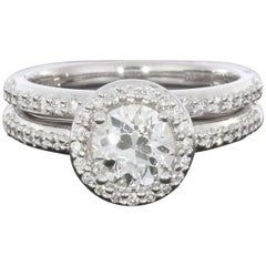 A. Jaffe White Gold GIA Certified Round Diamond Halo Engagement Ring Wedding Set