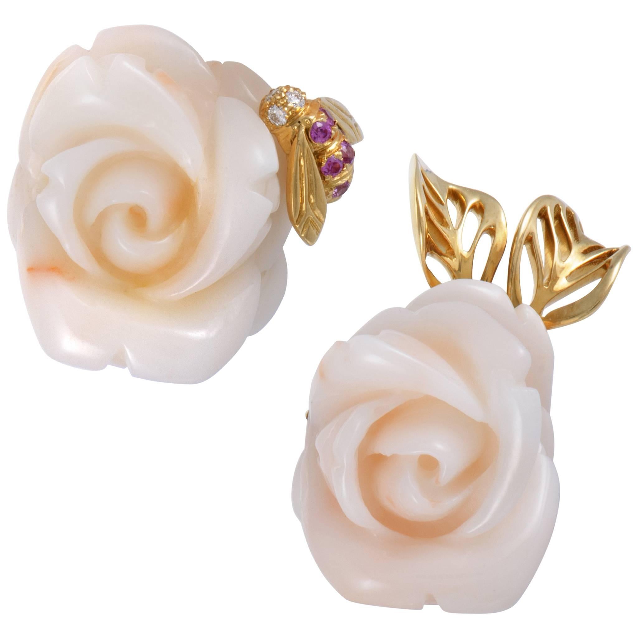 Dior Pre Catelan Diamond Pink Sapphire and White Coral Yellow Gold Rose Earrings