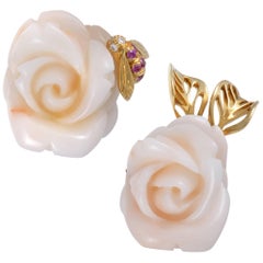 Dior Pre Catelan Diamond Pink Sapphire and White Coral Yellow Gold Rose Earrings