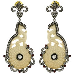 Designer Carved Mammoth Bone Earring with Diamonds