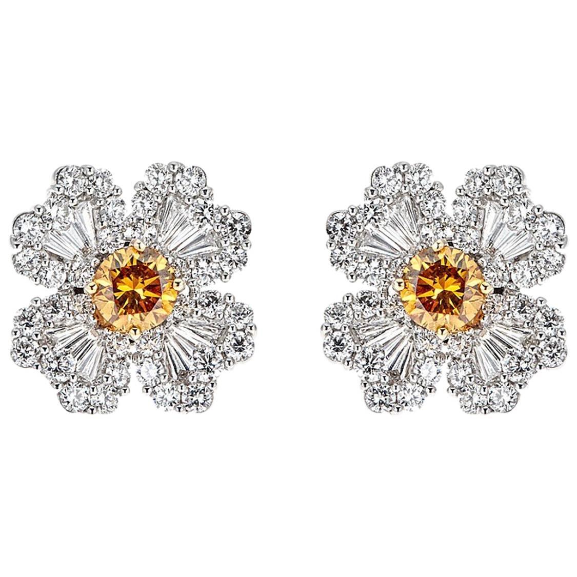 2.47 Carat Diamond and 1.08 Carat Brown Diamond White Gold Flower Stud Earrings For Sale