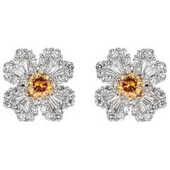 2.47 Carat Diamond and 1.08 Carat Brown Diamond White Gold Flower Stud Earrings