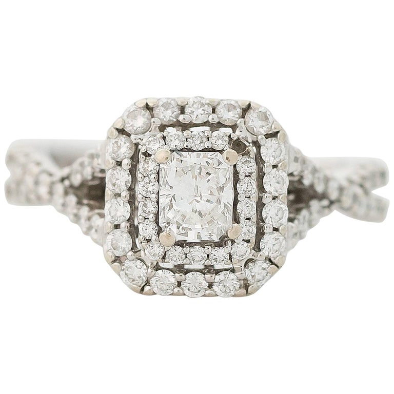 1 Carat Diamond Double Halo 14K Gold Engagement Ring For Sale at