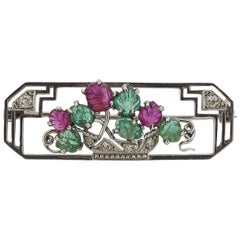 Art Deco Carved Emerald Ruby Diamond Platinum Brooch
