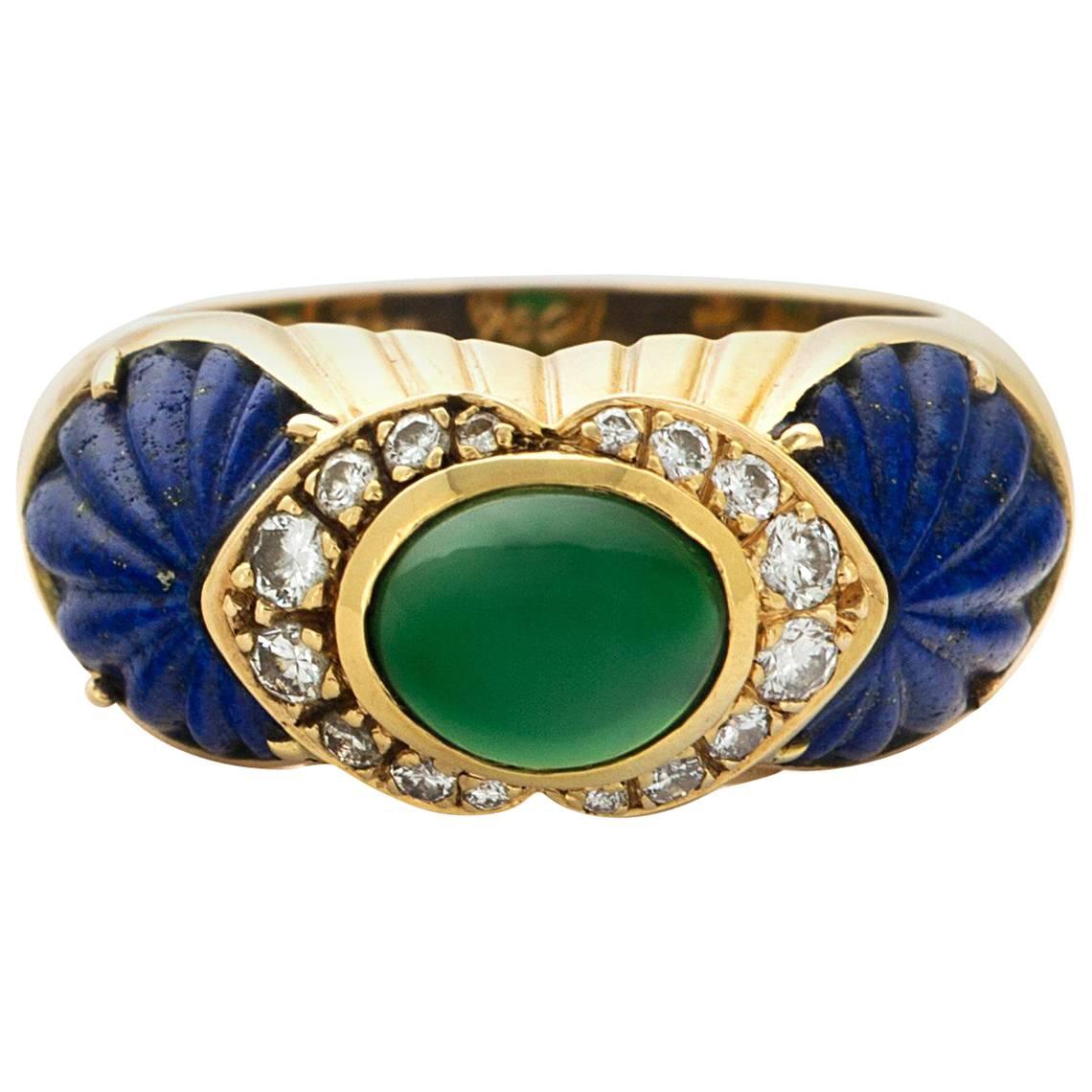 Cartier Yellow Gold Emerald, Diamond and Lapis Dome Ring For Sale