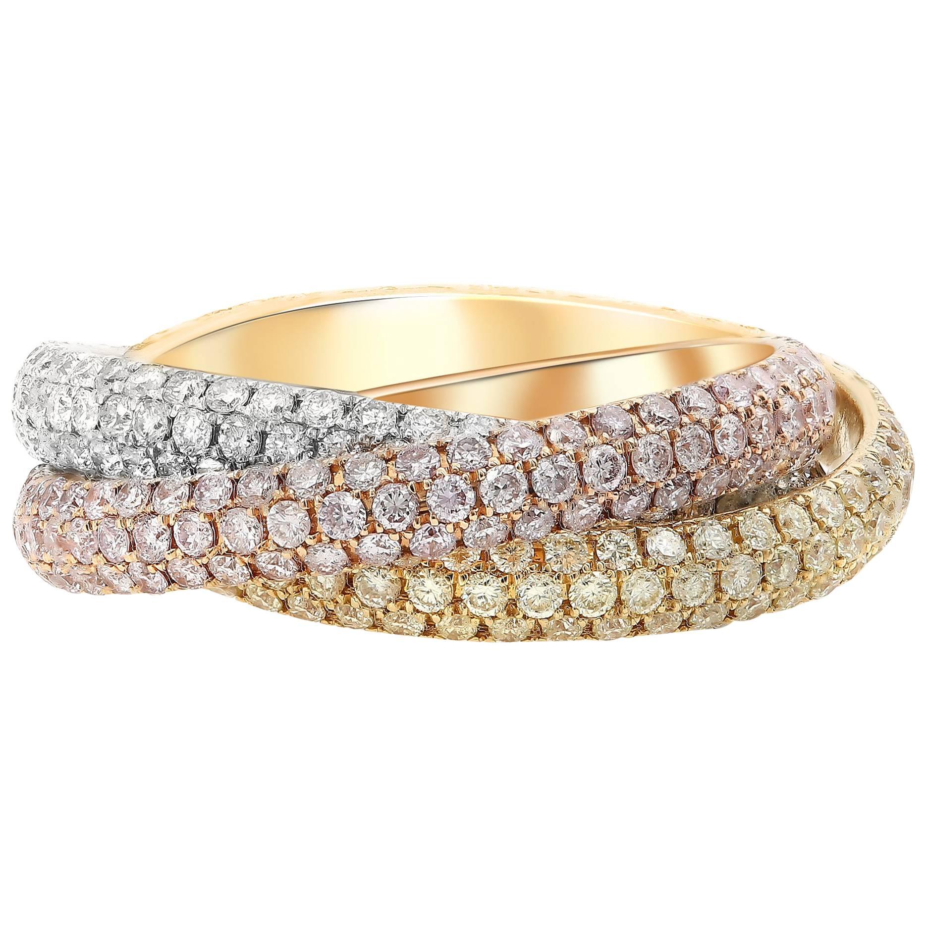 Fancy Pink, Yellow and White Diamond Tricolor Interlocking Bands, 18 Karat Gold For Sale