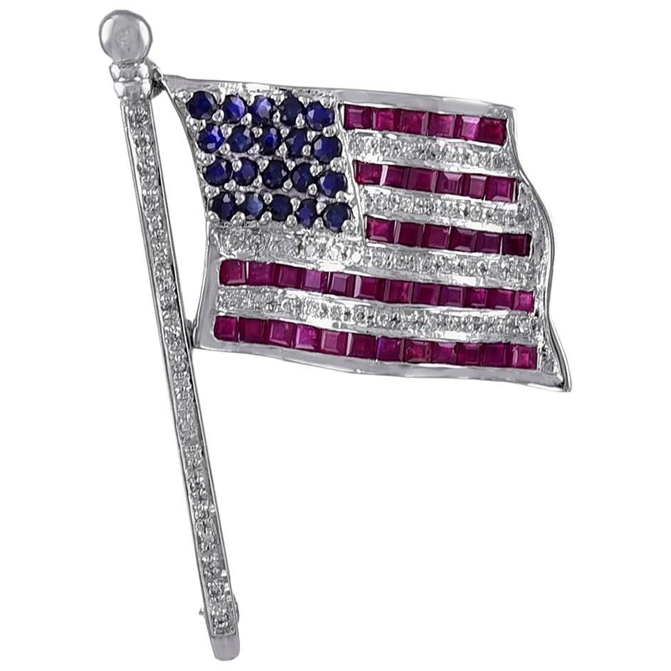 Large Gemset White Gold American Flag Pin