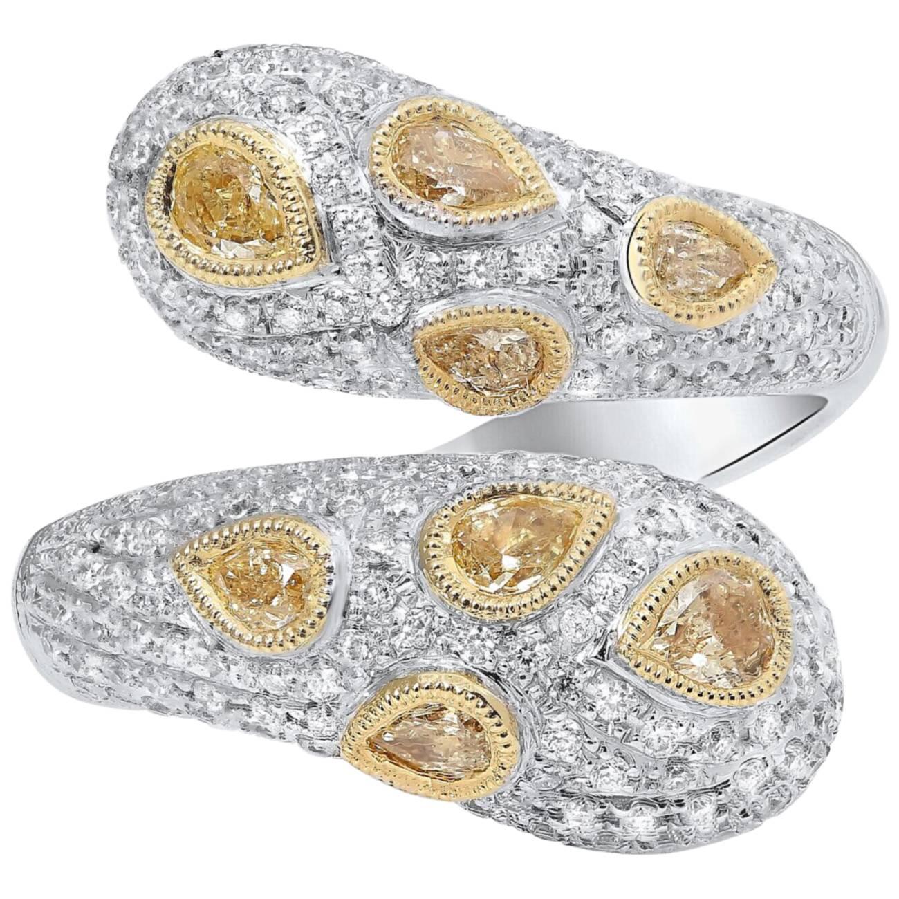 Fancy Yellow Diamond and White Diamond Pave Ring in Two-Tone White Yellow Gold For Sale