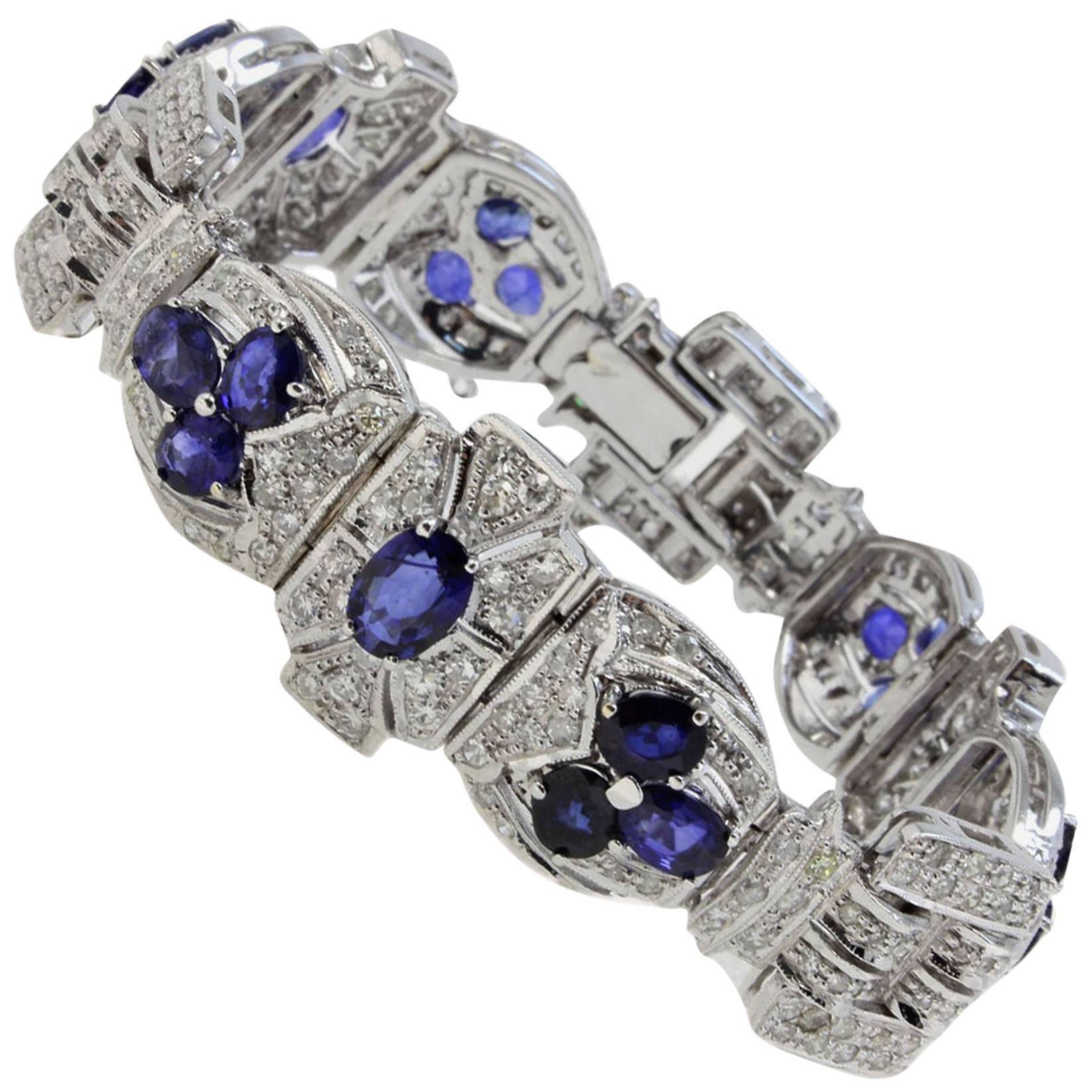 Diamonds Art Deco Style White Gold and Sapphires Bracelet