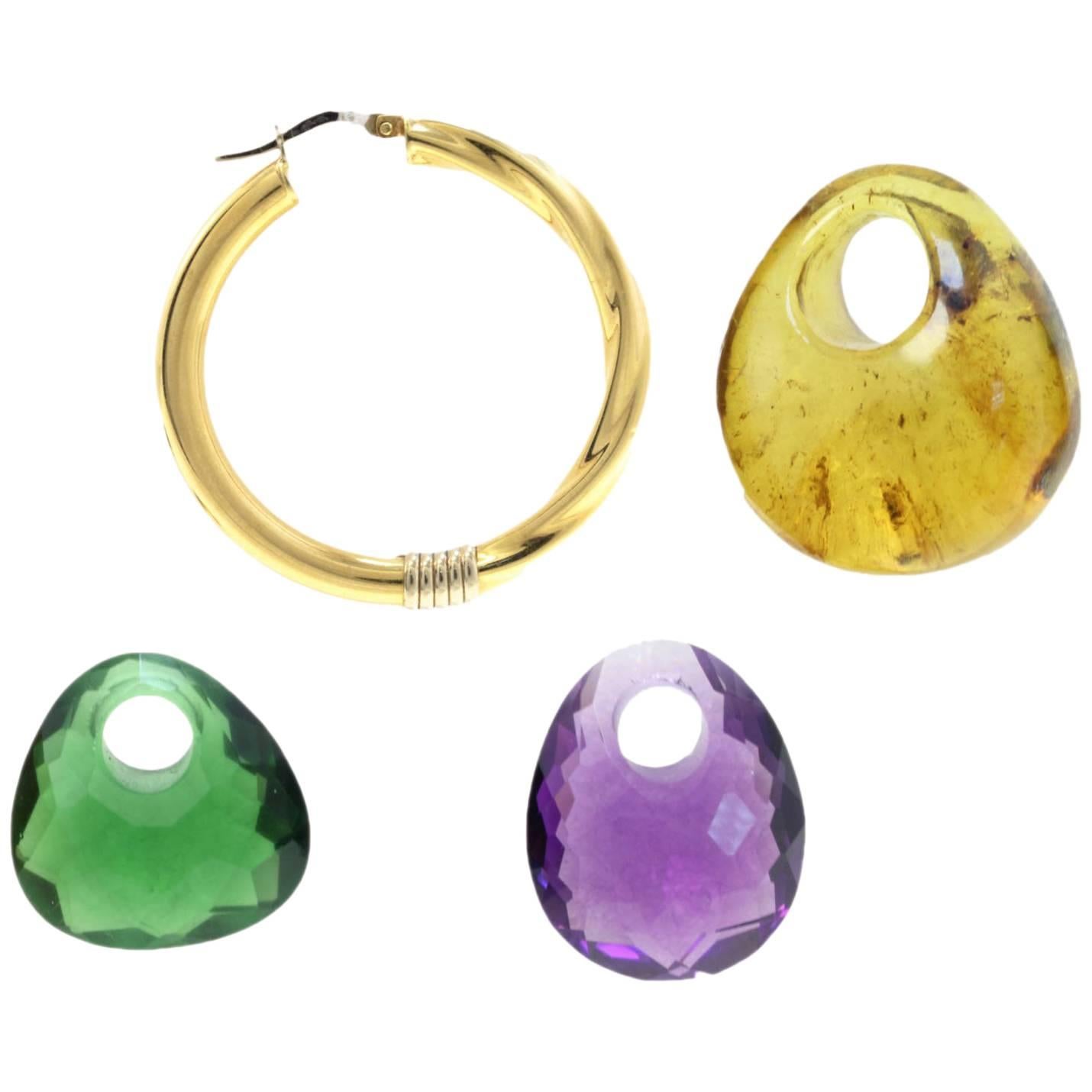 Yellow Gold Green and Purple Quartz and Amber Hoop Earrings