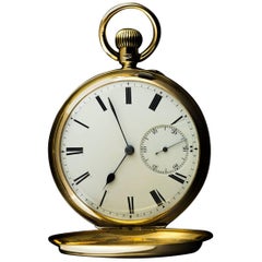 Antique Yellow Gold White Enamel Roman Dial Pocket Watch