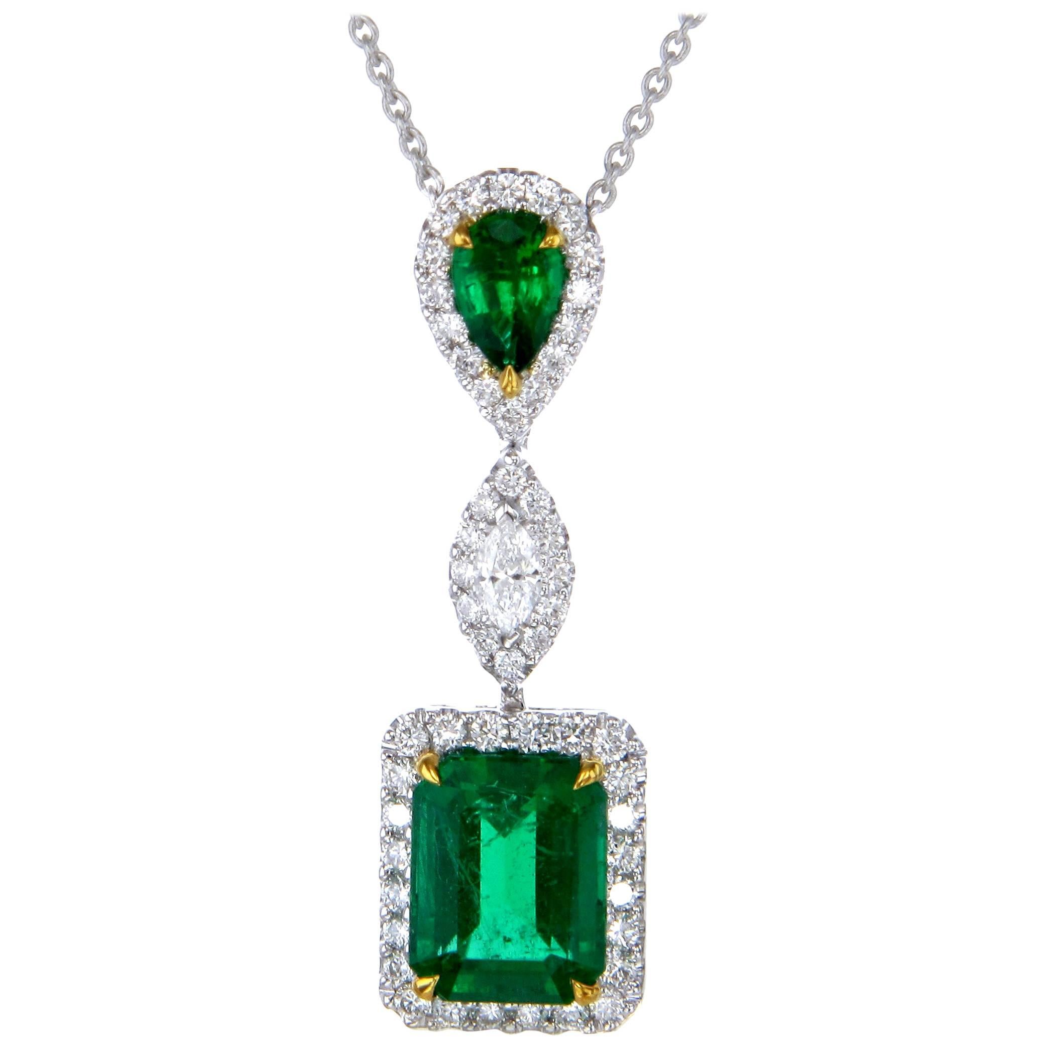Emerald Cut Emerald Diamond 18 Karat Gold Pendant Necklace For Sale