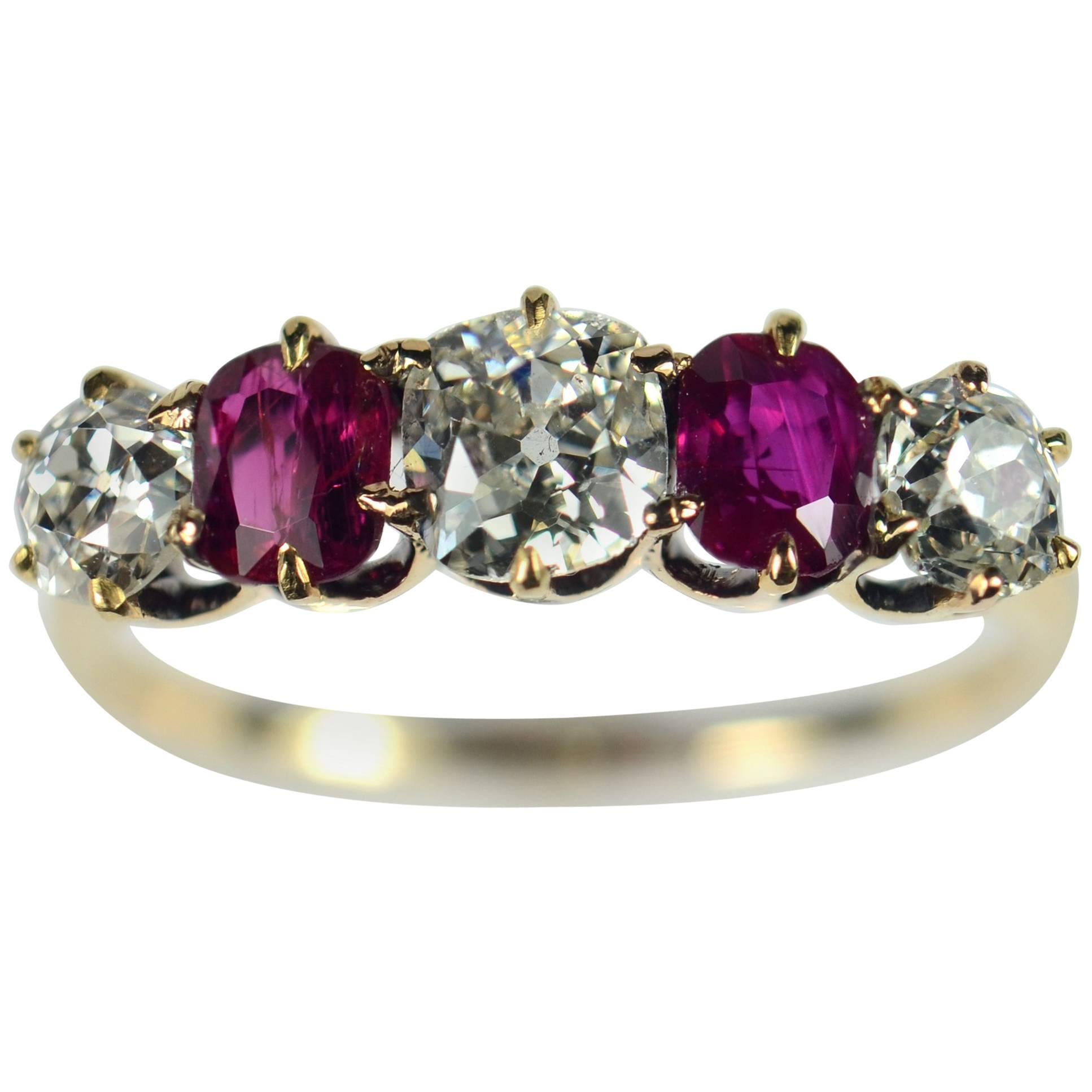 Edwardian Burmese Red Ruby White Diamond Five-Stone Engagement Ring For Sale