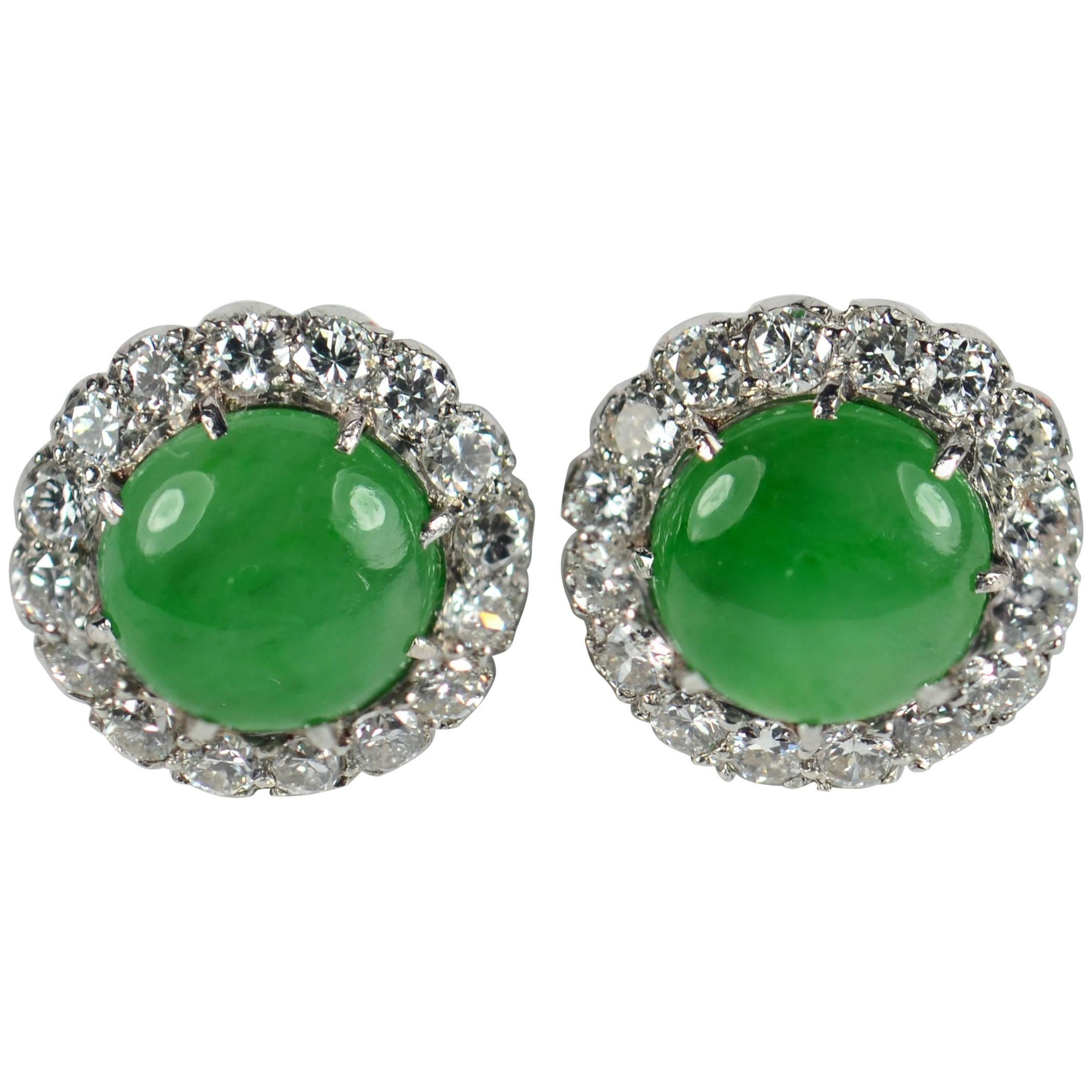 Untreated Green Jade White Diamond Cluster Stud Earrings