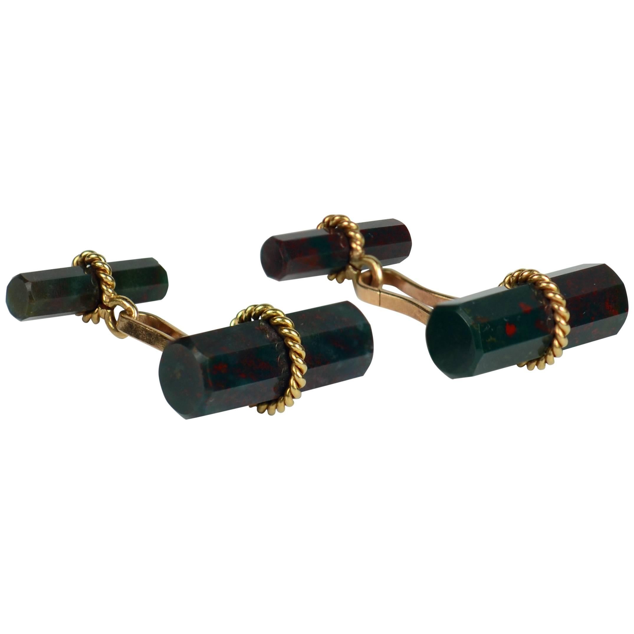 Marchak French Green Red Bloodstone Quartz Gold Cufflinks