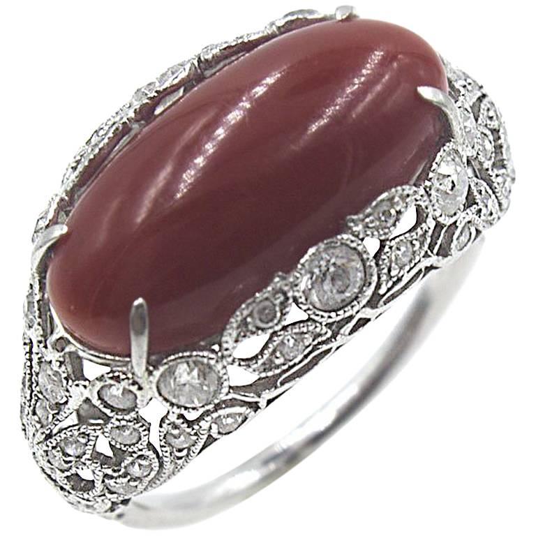 Ox Blood Coral Diamond Platinum Original Art Deco Filigree Ring