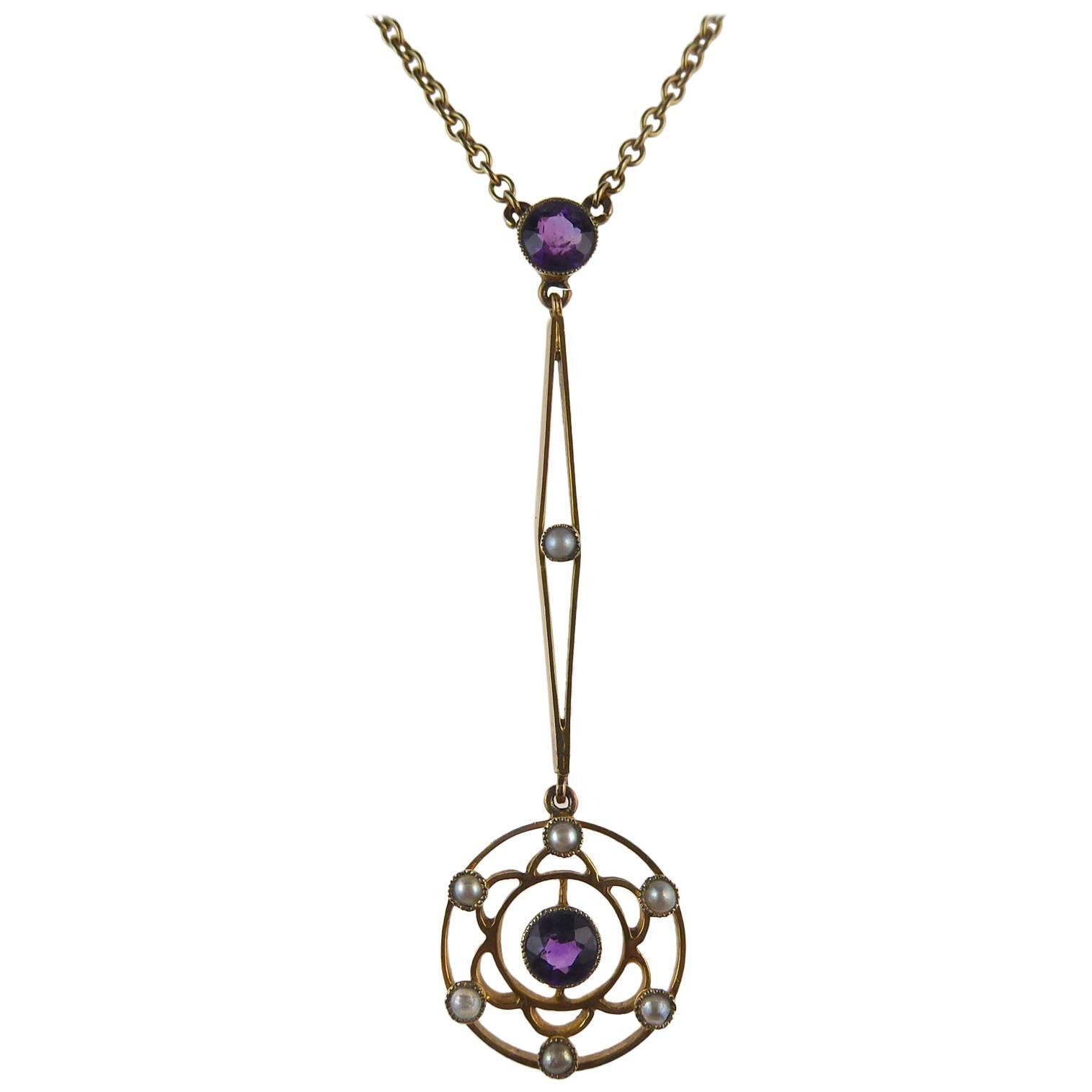 Antique Edwardian Amethyst and Pearl Pendant