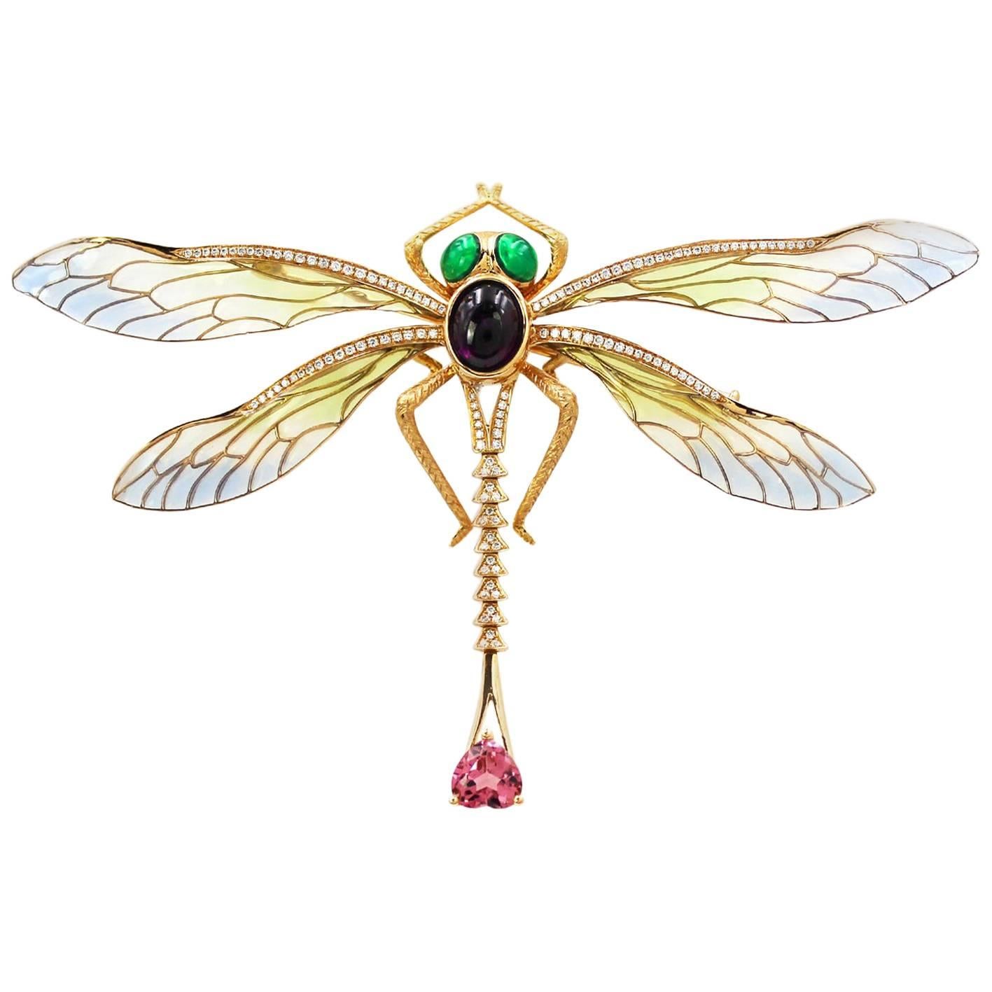 Modern Enamel Gem Dragonfly Brooch Pendant