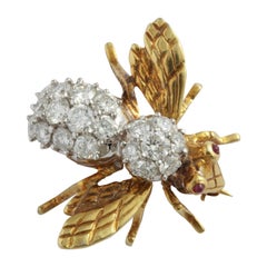 Vintage Bumblebee Diamond Gold Pin with Ruby Eyes
