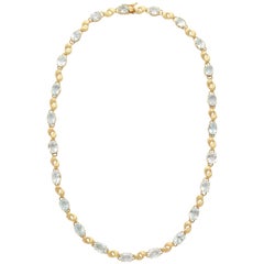 Retro Alternating Floral Gold Leaf and Faceted Aquamarine Necklace