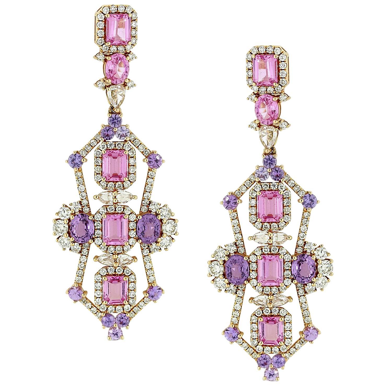 Purple and Pink Sapphire Diamond Hanging Earring For Sale