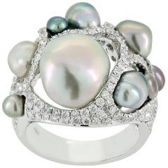 Grey Pearl Cluster Diamond Ring