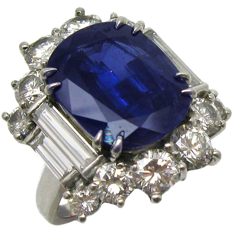 6.59 Carat Cushion Cut Blue Sapphire and Diamond Ring in Platinum