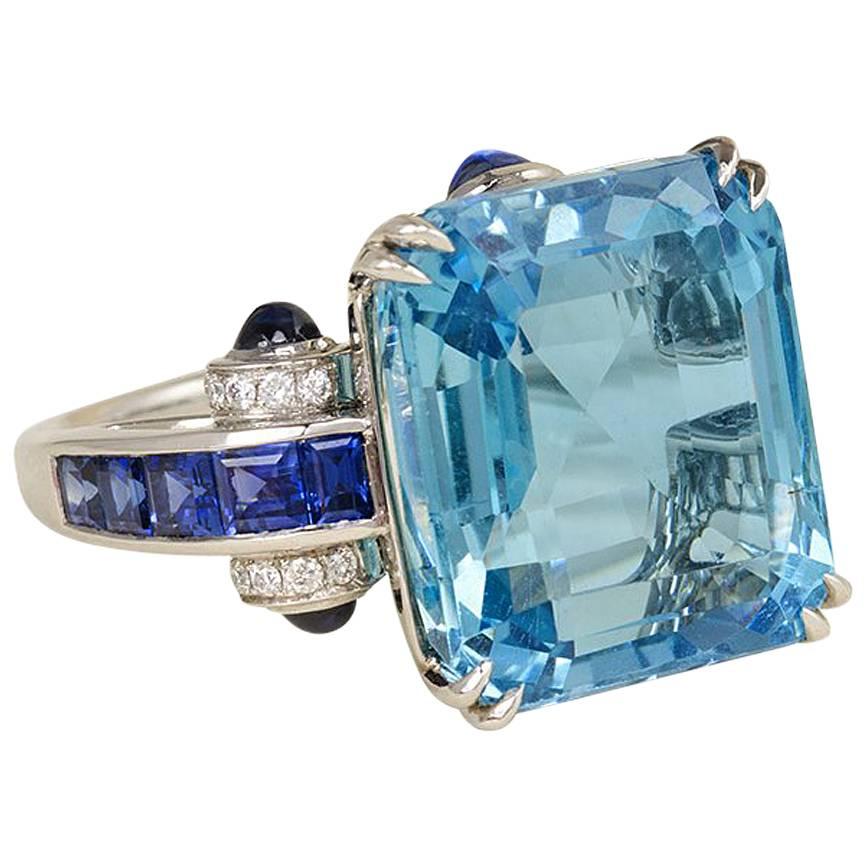 1940s Aquamarine, Sapphire and Diamond Cocktail Ring