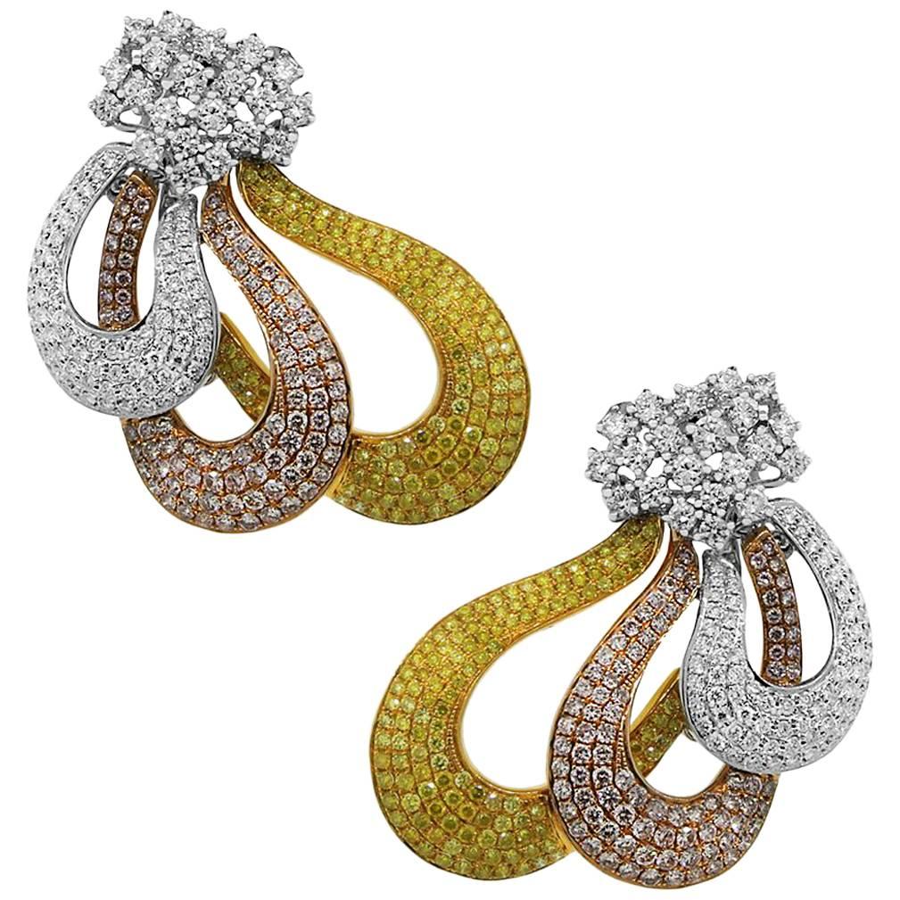 Pink, Yellow and White Diamond Tri-Color Earrings