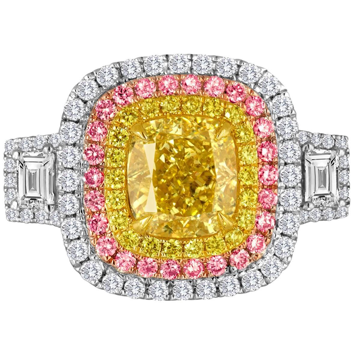 GIA Certified 2.53 Carat Fancy Yellow Diamond Triple Halo Three-Color Gold Ring