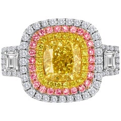 GIA Certified 2.53 Carat Fancy Yellow Diamond Triple Halo Three-Color Gold Ring