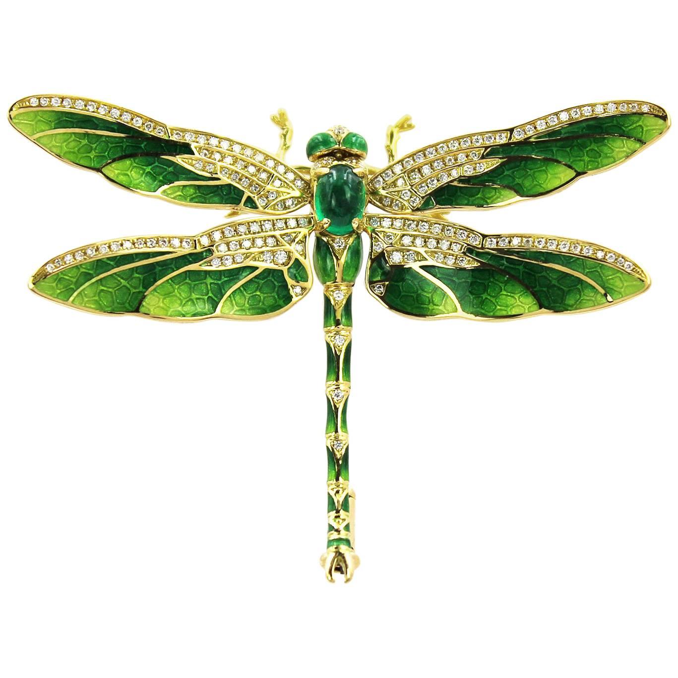 Modern  Emerald Enamel Gold Dragonfly Brooch