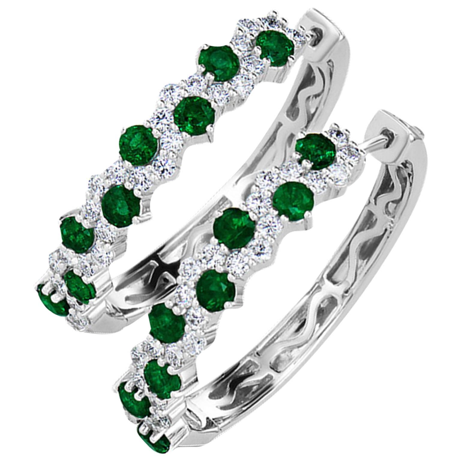 Emerald and Diamond Hoop Earrings in 18 Karat For Sale
