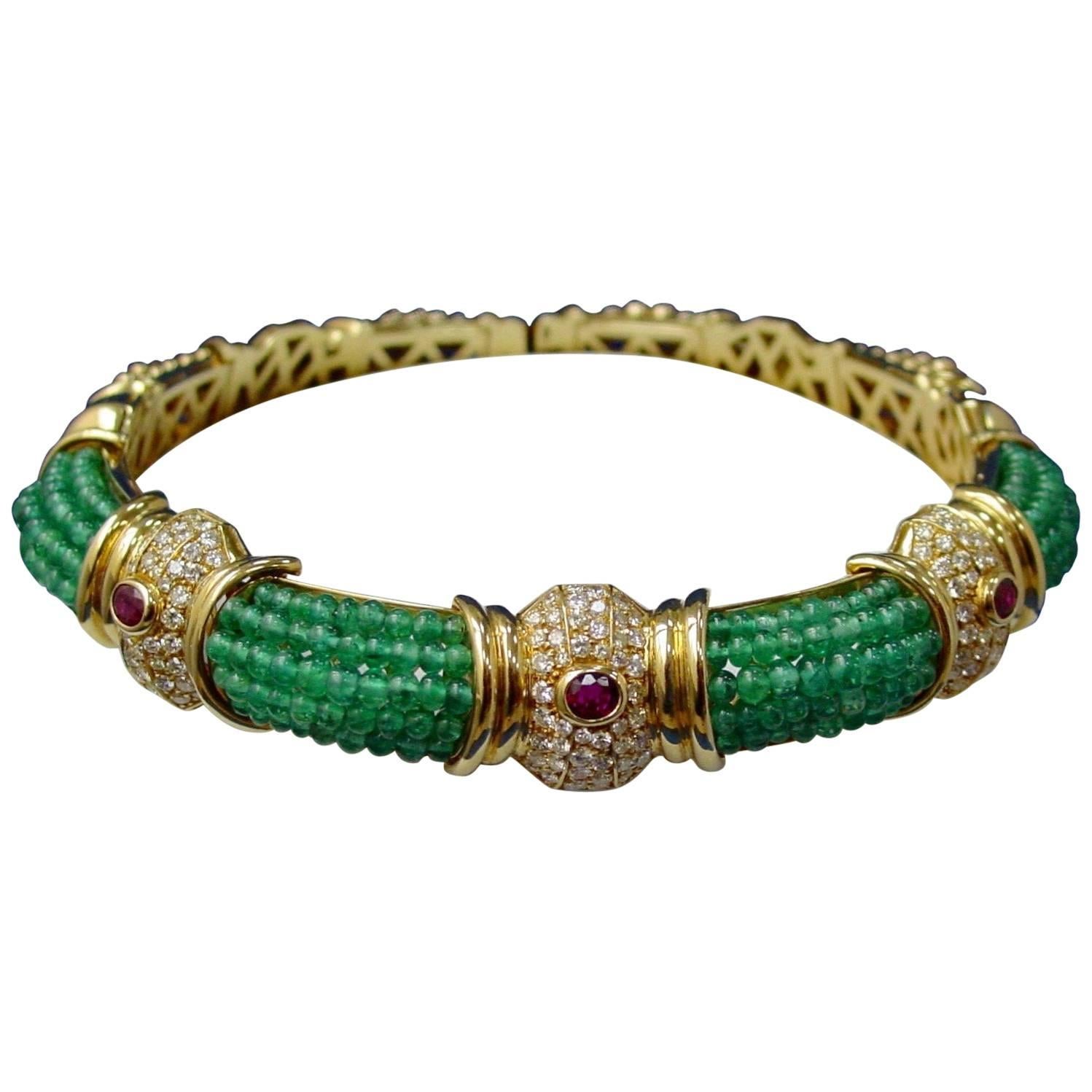 18 Karat Yellow Gold Emerald Bead, Ruby and Diamond Choker For Sale