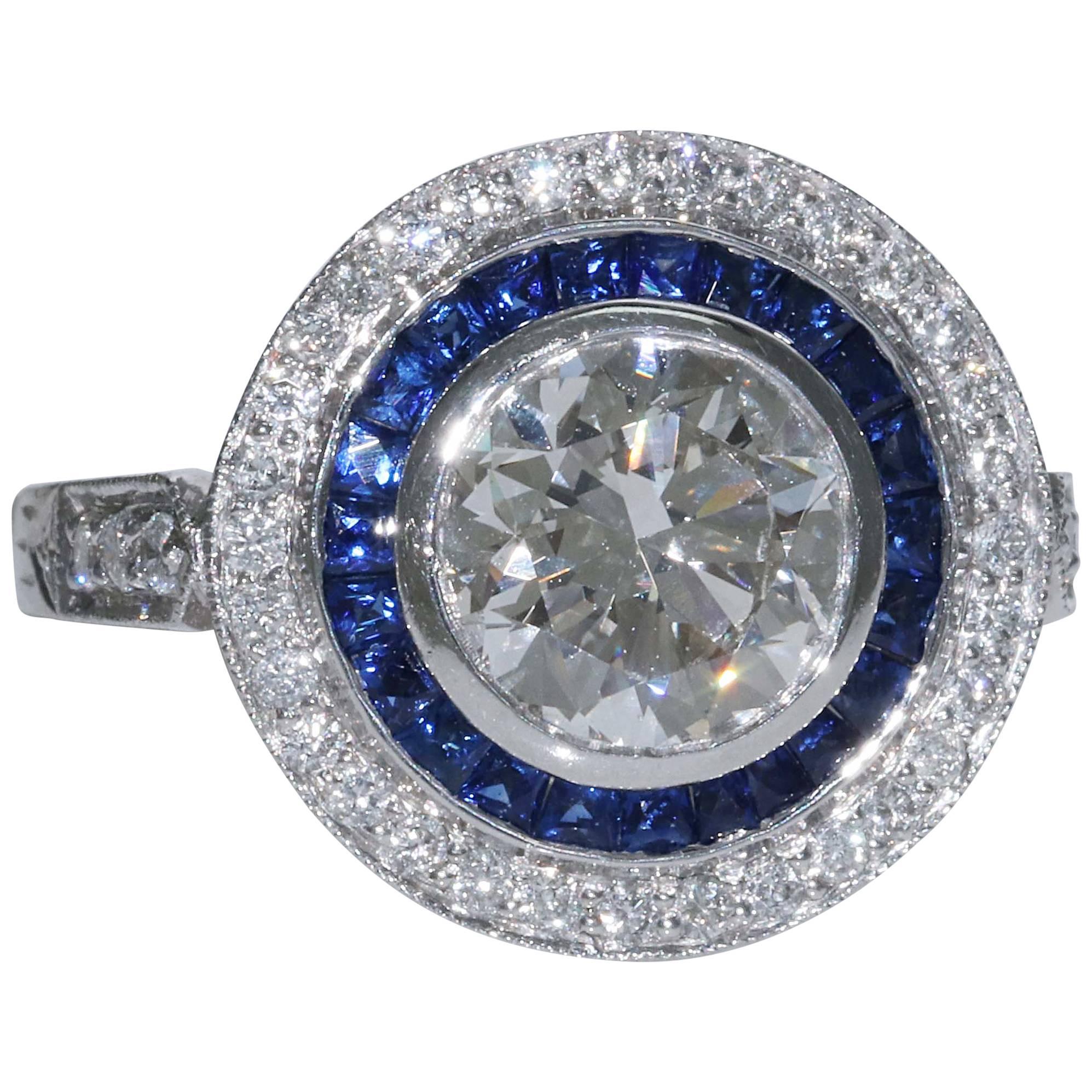 2.18 Carat i-Si1 Round Brilliant Diamond Sapphire Ring GIA Certified Platinum