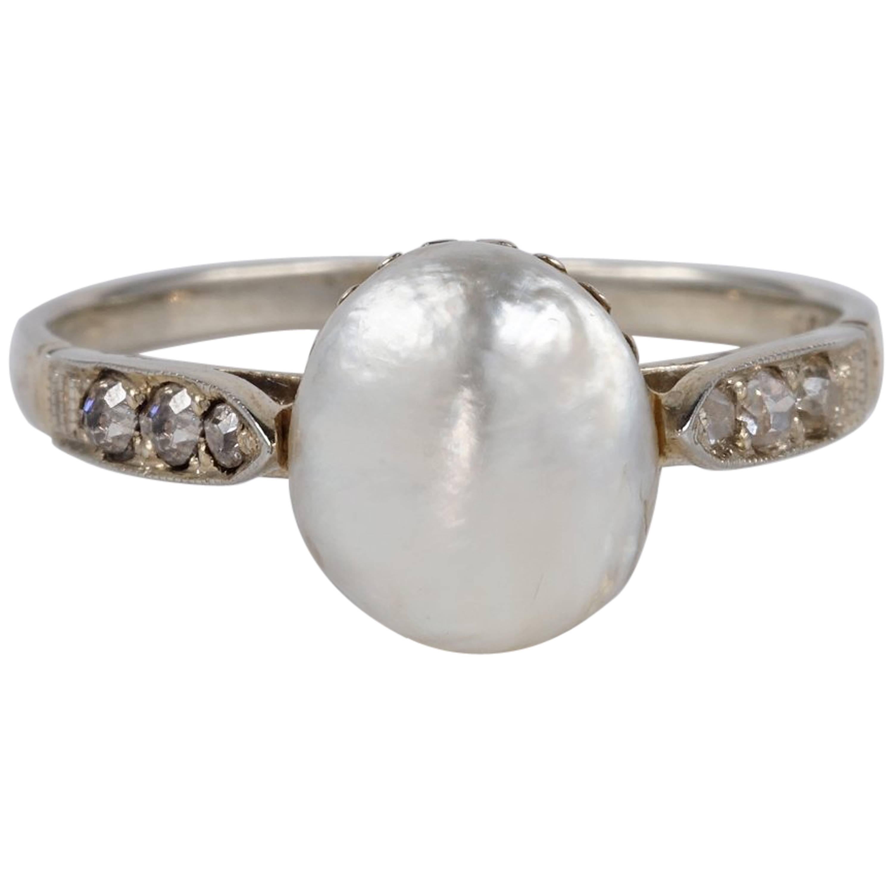 Edwardian Large Natural Saltwater Pearl Diamond Ring