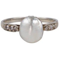 Antique Edwardian Large Natural Saltwater Pearl Diamond Ring