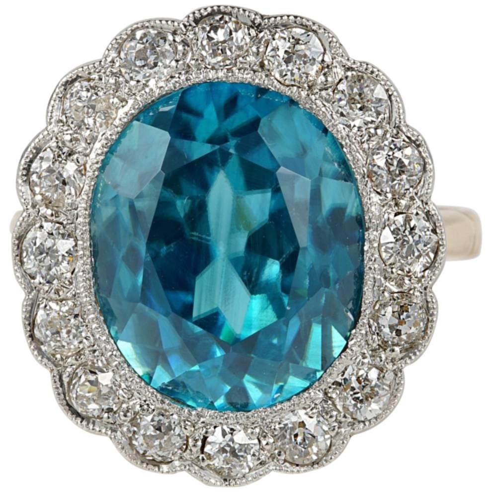Edwardian 11.05 Carat Natural Blue Zircon 1.30 Carat Diamond Rare Ring For Sale