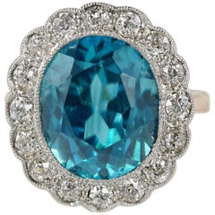 Edwardian 11.05 Carat Natural Blue Zircon 1.30 Carat Diamond Rare Ring