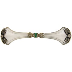 Carved Rock Crystal Diamond Emerald Onyx Silver Gold Clip Pin Brooch Art Deco