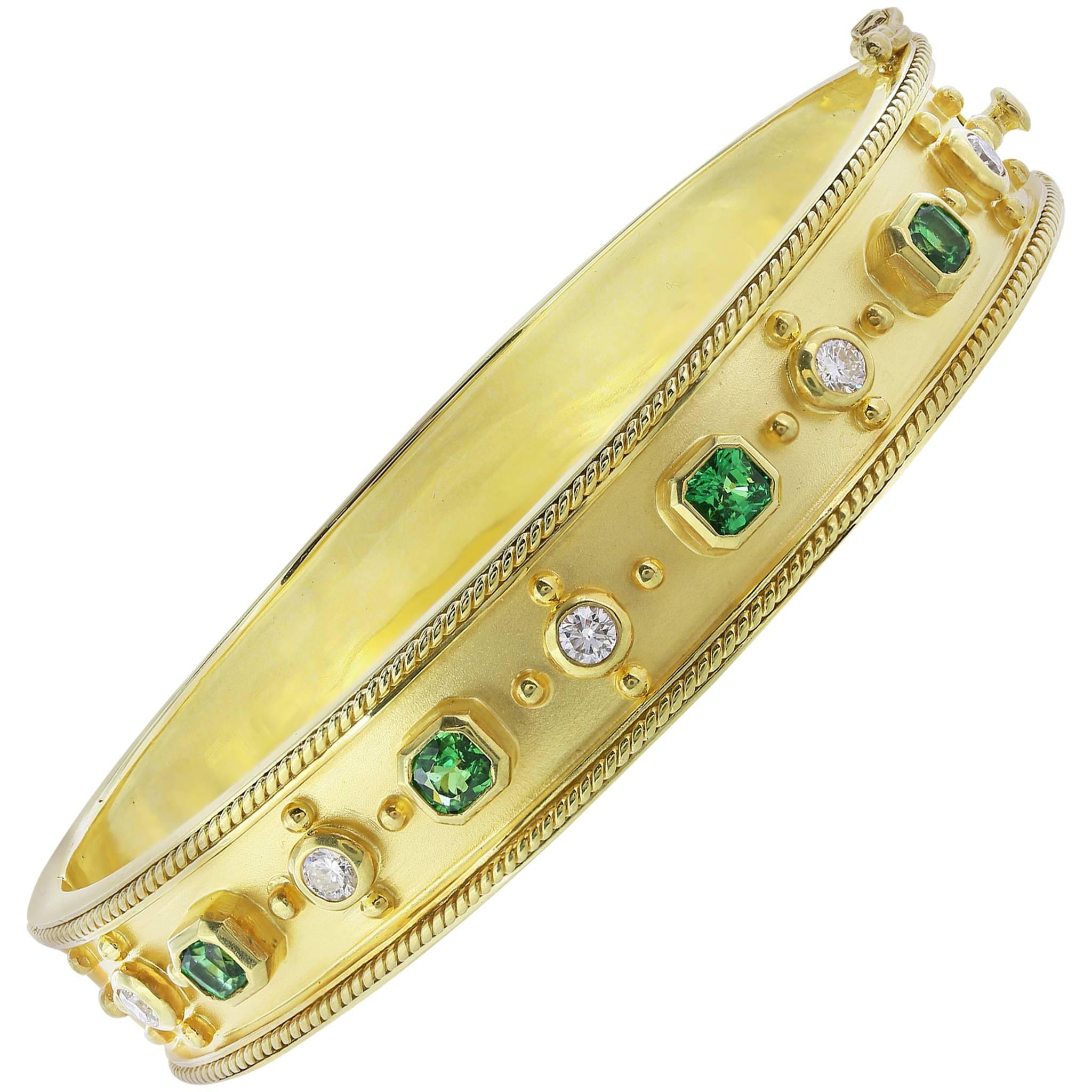 18 Karat Yellow Gold Tsavorite Diamond Bangle For Sale