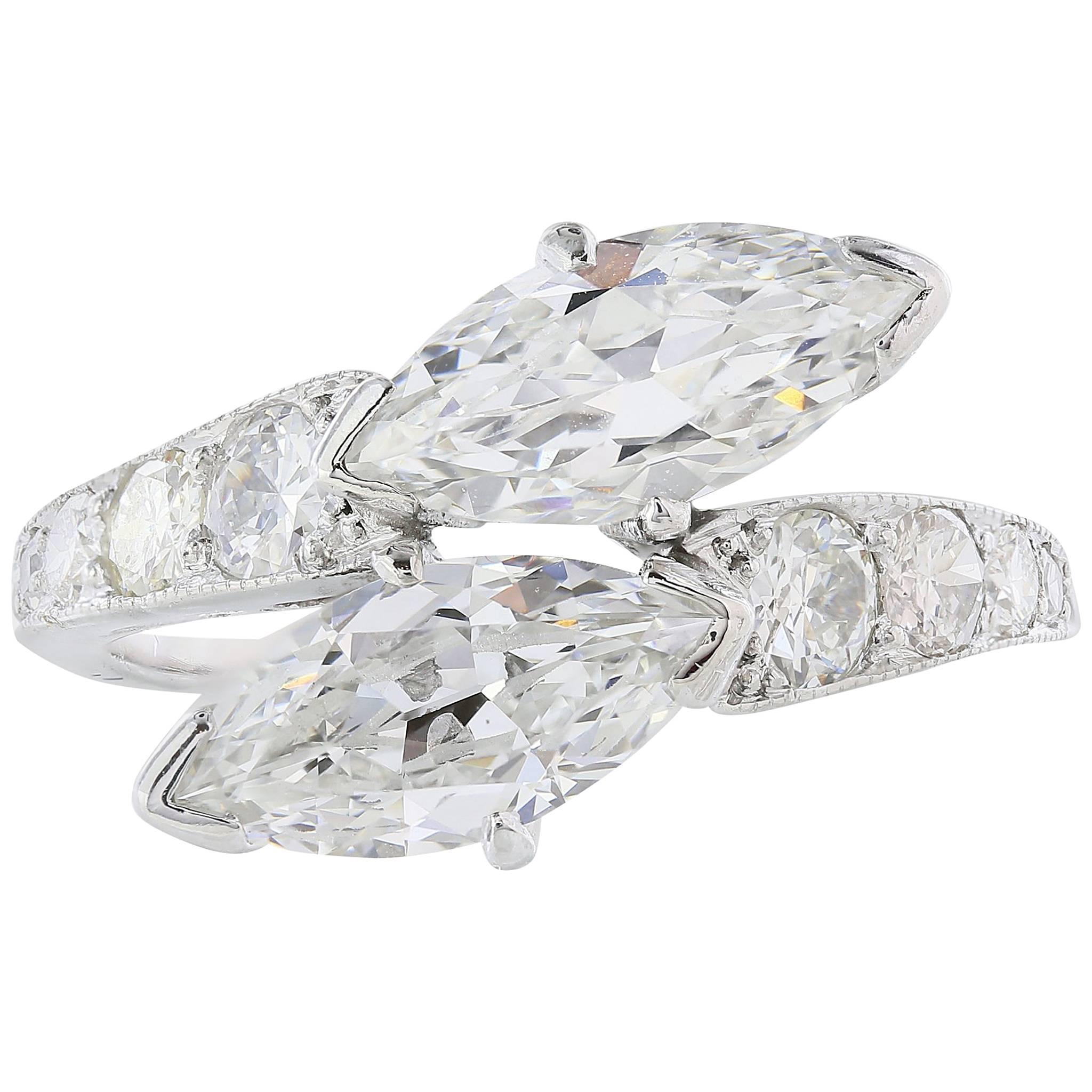 Platinum Marquise Diamonds 2.65 Carat by Pass Ring For Sale