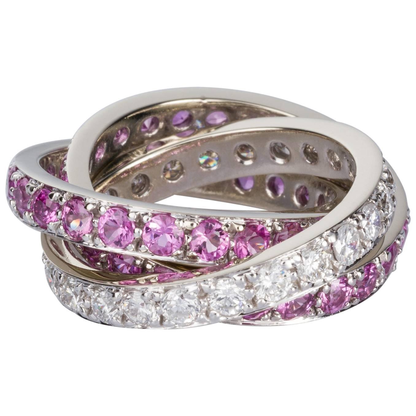Pink Sapphire and 1.32 carat White Diamond Three-Band Ring