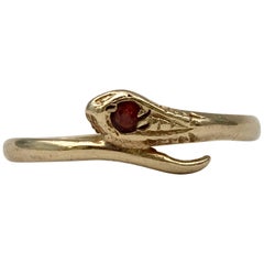 Gold Snake Serpent Figural Vintage Band Ring with Garnet Eye