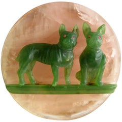 Rose Quartz Jade Ruby Carved French Bulldogs Gold Hinged Box