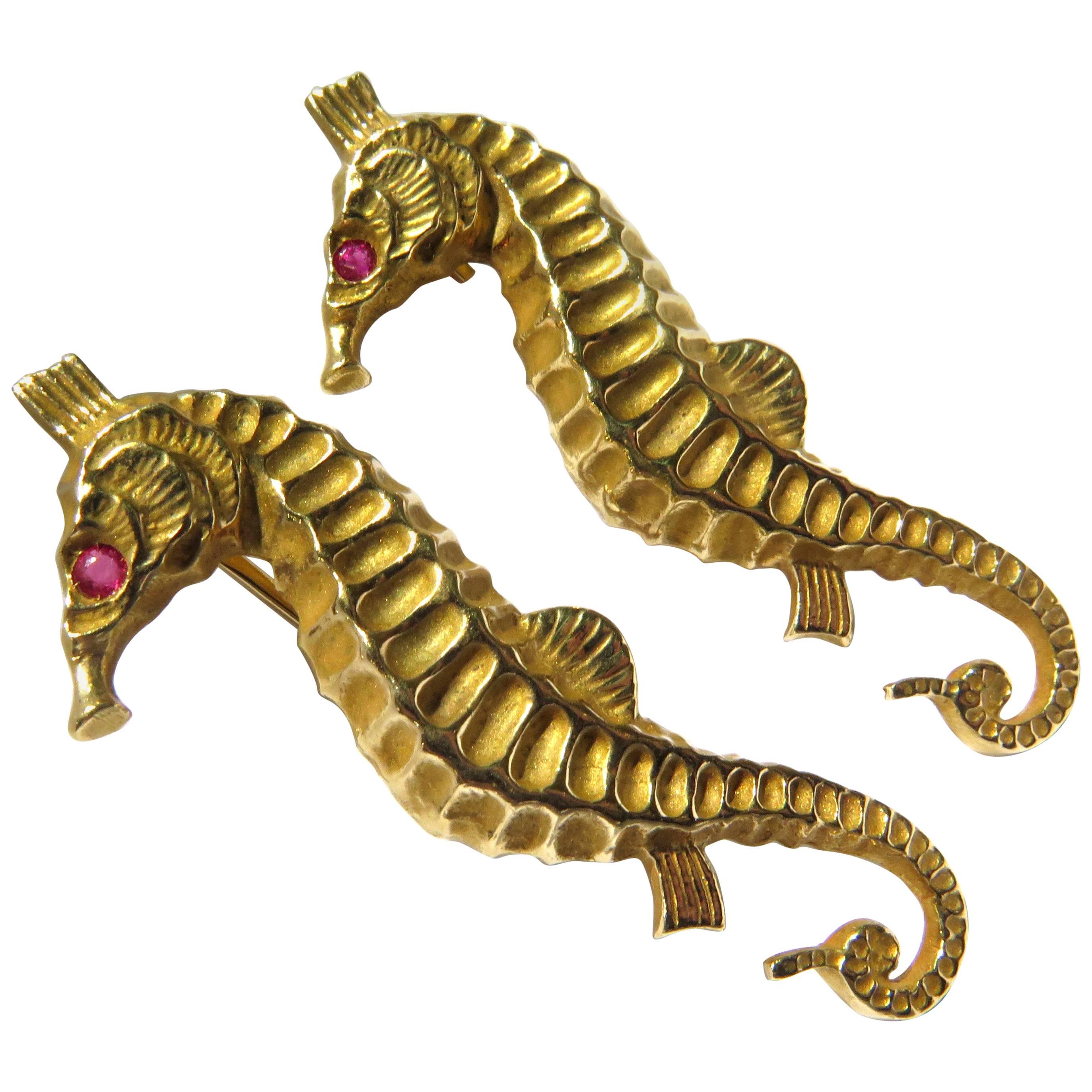 Two Realistic Seahorse Gold Pins with Ruby Eyes