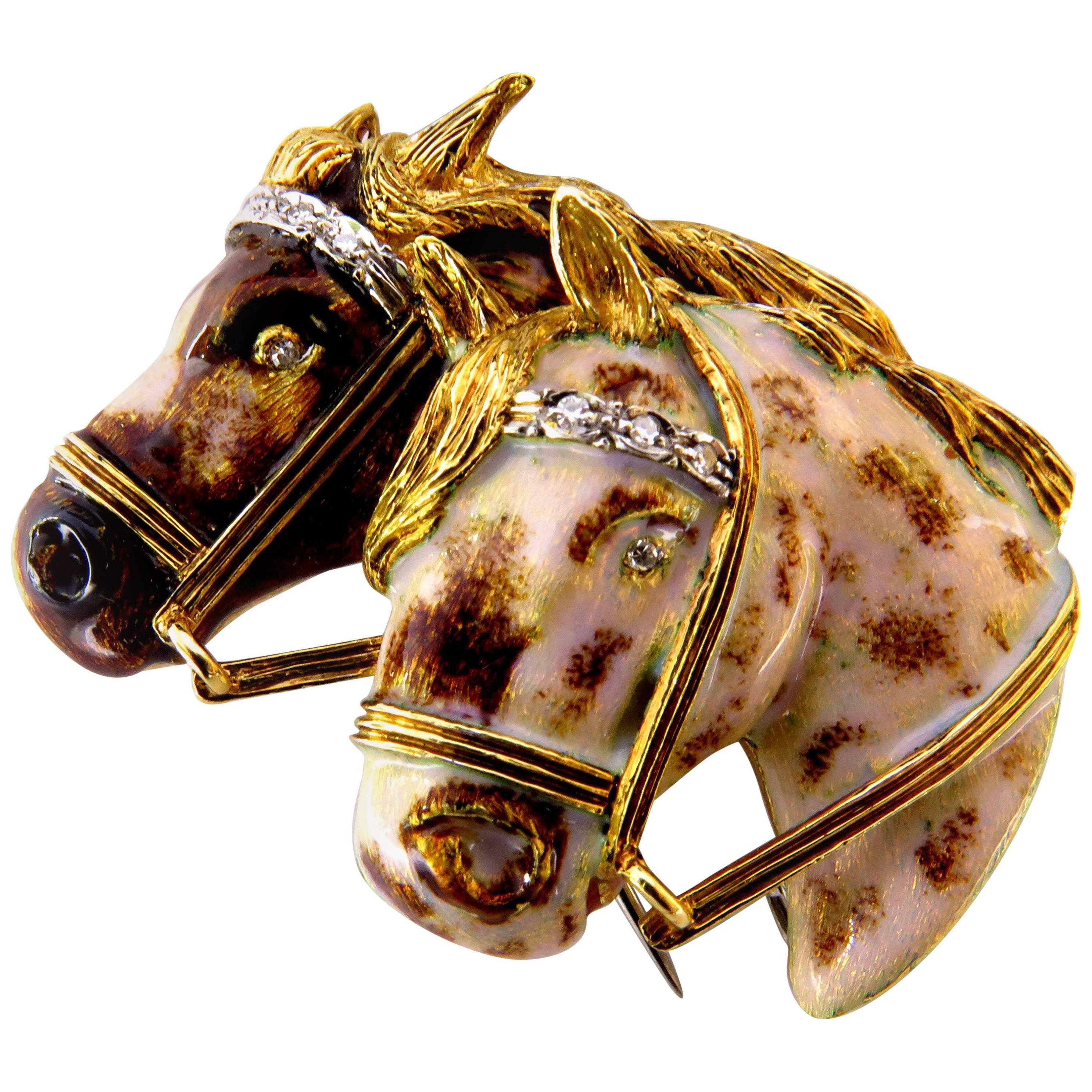 Unique Two Horse Enamel Pin with Diamond Accents Gold Double Clip Pin