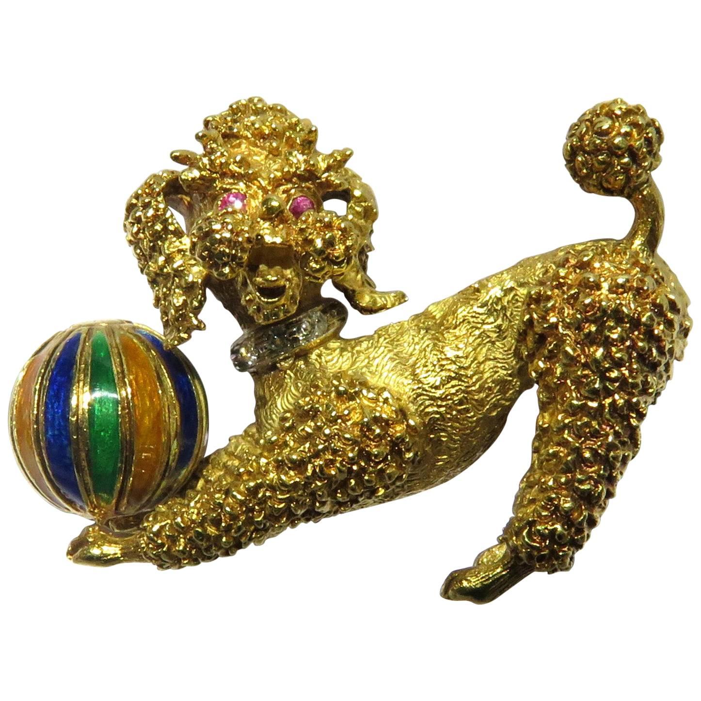 Playful Poodle Dog with Enamel Ball, Ruby Eyes and Diamond Collar Gold Pin For Sale