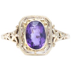Antique Art Nouveau Amethyst Solitaire Filigree Ring in Yellow Gold