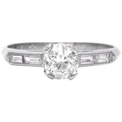 Art Deco 0.80 Carat European and Baguette Diamond Engagement Ring